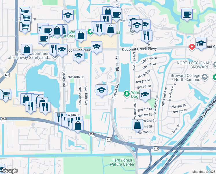 map of restaurants, bars, coffee shops, grocery stores, and more near 651 Lyons Road in Coconut Creek
