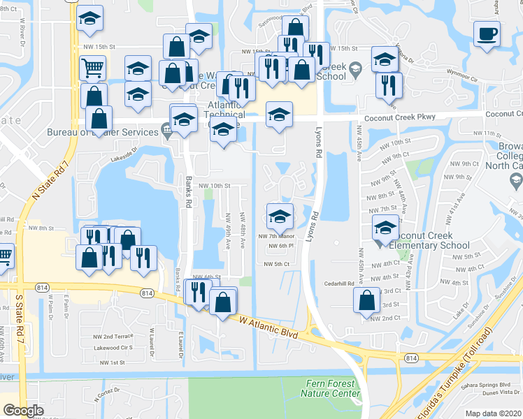 map of restaurants, bars, coffee shops, grocery stores, and more near 741 Lyons Road in Coconut Creek