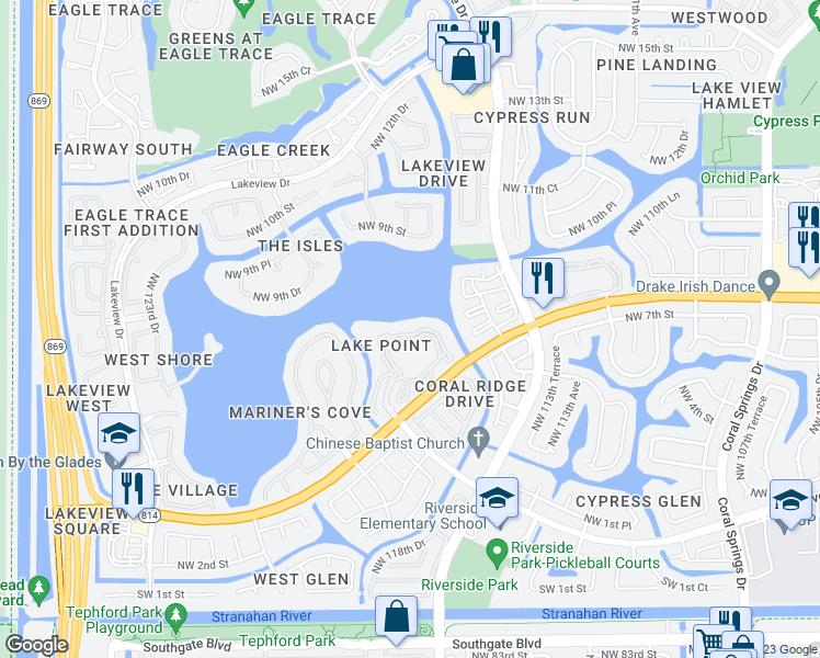 map of restaurants, bars, coffee shops, grocery stores, and more near 11721 West Atlantic Boulevard in Coral Springs