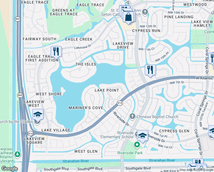 map of restaurants, bars, coffee shops, grocery stores, and more near 11737 West Atlantic Boulevard in Coral Springs