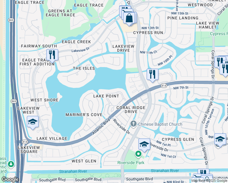 map of restaurants, bars, coffee shops, grocery stores, and more near 11721 West Atlantic Boulevard in Coral Springs