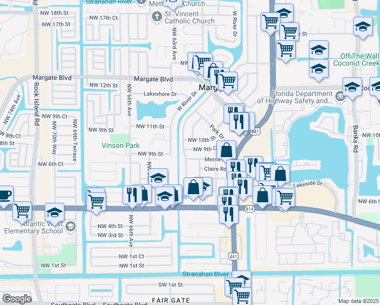 map of restaurants, bars, coffee shops, grocery stores, and more near 6216 Northwest 9th Court in Margate