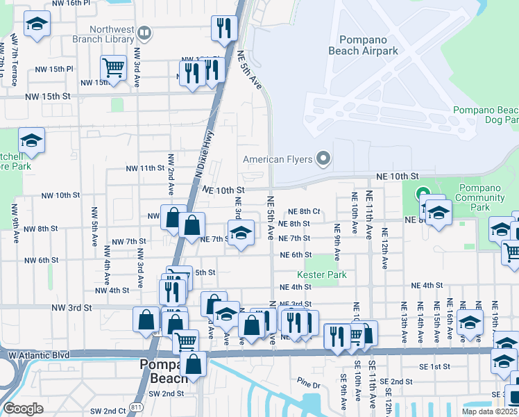 map of restaurants, bars, coffee shops, grocery stores, and more near 313 Northeast 8th Court in Pompano Beach