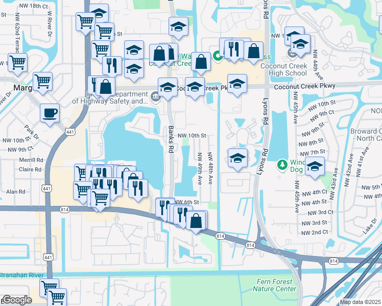 map of restaurants, bars, coffee shops, grocery stores, and more near 861 Northwest 49th Way in Coconut Creek