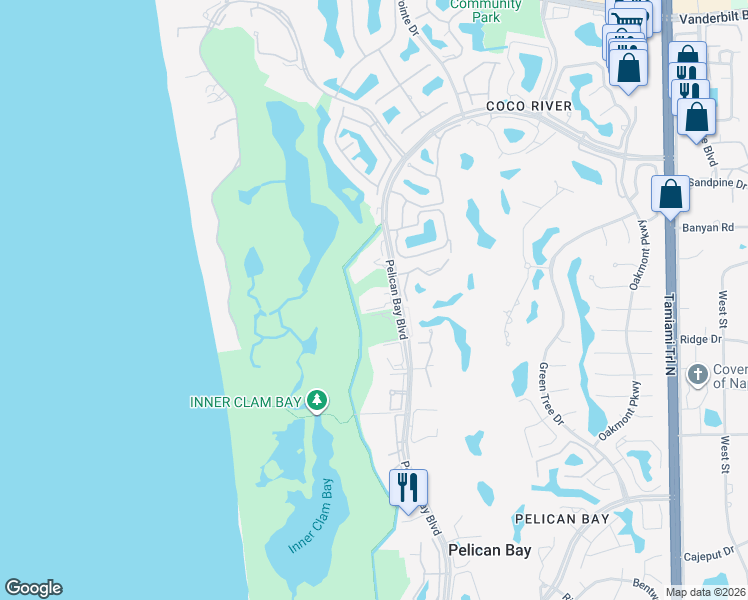 map of restaurants, bars, coffee shops, grocery stores, and more near 7515 Pelican Bay Boulevard in Naples