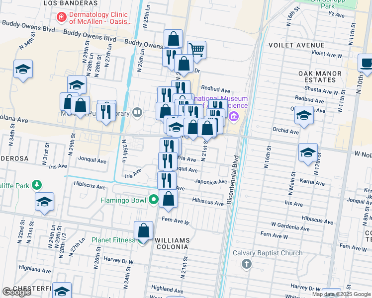map of restaurants, bars, coffee shops, grocery stores, and more near 4509 Larkspur Avenue in McAllen