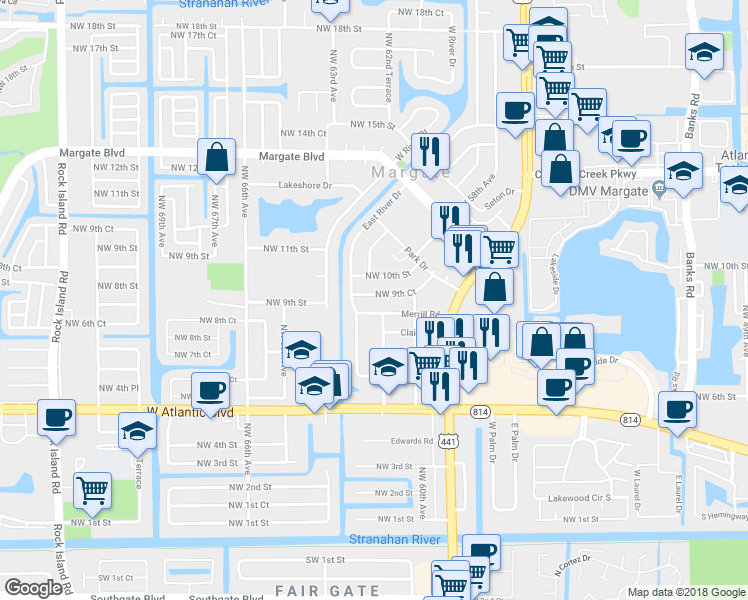 map of restaurants, bars, coffee shops, grocery stores, and more near 6208 Northwest 9th Court in Margate