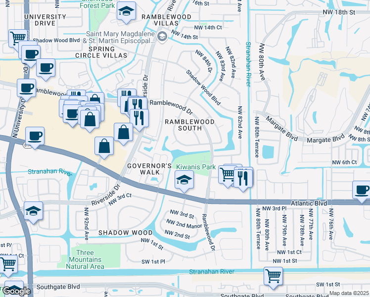 map of restaurants, bars, coffee shops, grocery stores, and more near 8566 Northwest 7th Street in Coral Springs