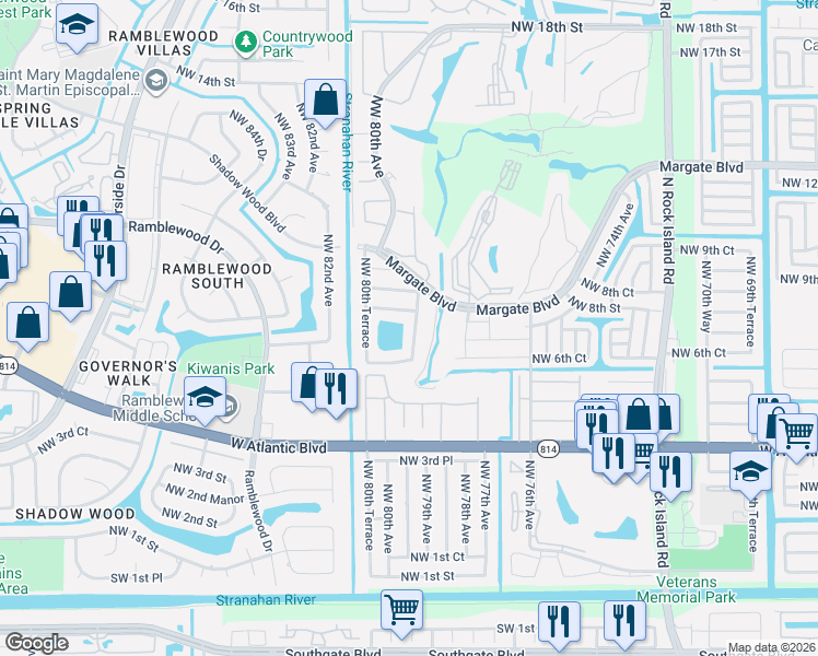 map of restaurants, bars, coffee shops, grocery stores, and more near 735 Northwest 79th Avenue in Margate