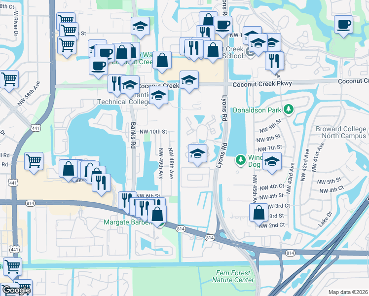 map of restaurants, bars, coffee shops, grocery stores, and more near 741 Lyons Road in Coconut Creek