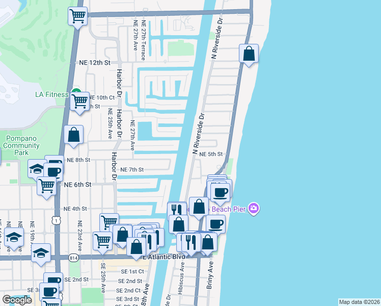 map of restaurants, bars, coffee shops, grocery stores, and more near 7 Northeast 5th Street in Pompano Beach