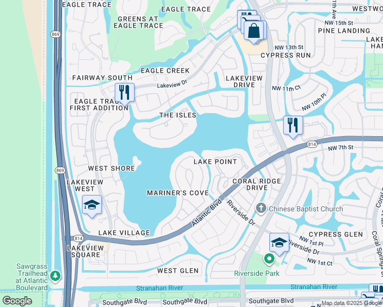 map of restaurants, bars, coffee shops, grocery stores, and more near 591 Northwest 118th Avenue in Coral Springs