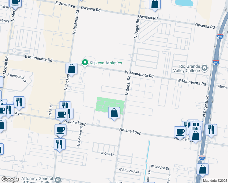 map of restaurants, bars, coffee shops, grocery stores, and more near 1302 West Kiwi in Pharr