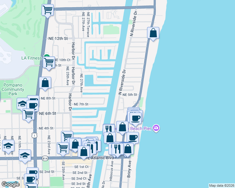 map of restaurants, bars, coffee shops, grocery stores, and more near 505 North Riverside Drive in Pompano Beach