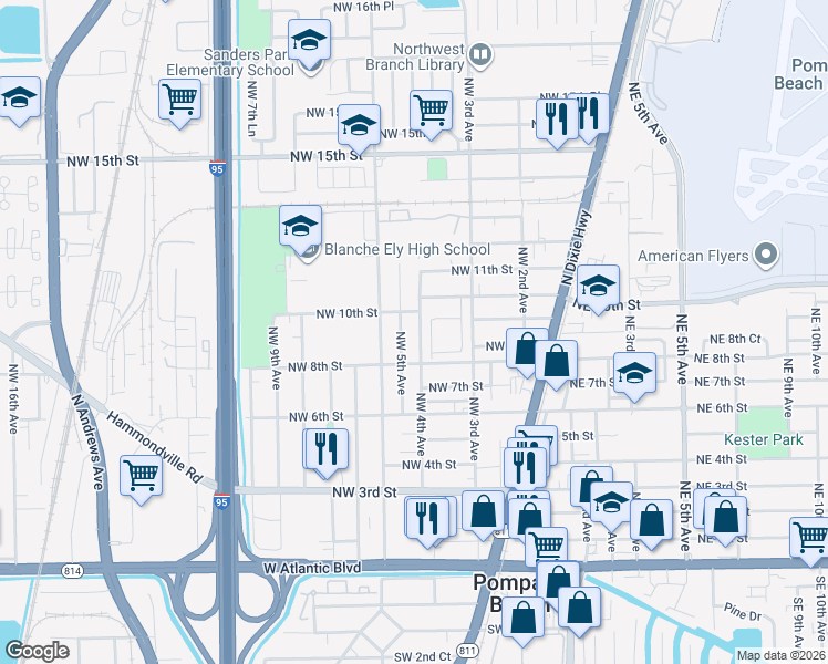 map of restaurants, bars, coffee shops, grocery stores, and more near 851 Northwest 4th Avenue in Pompano Beach