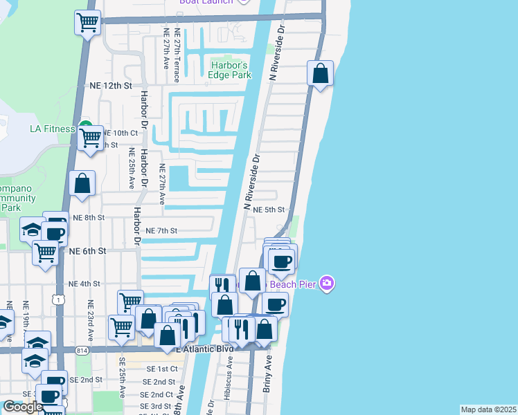 map of restaurants, bars, coffee shops, grocery stores, and more near 7 Northeast 5th Street in Pompano Beach