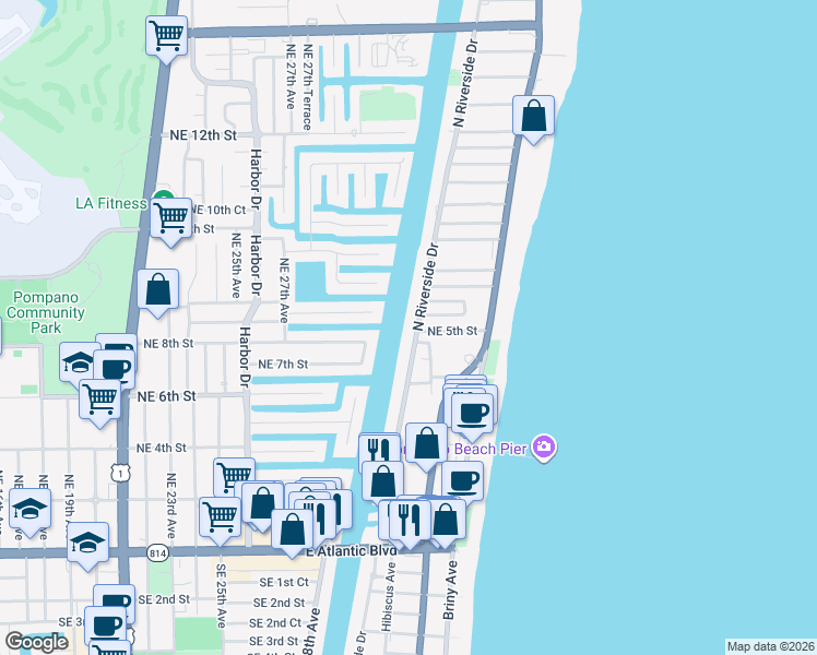map of restaurants, bars, coffee shops, grocery stores, and more near 7 Northeast 5th Street in Pompano Beach