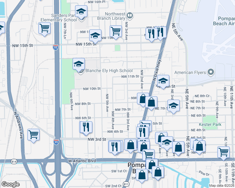 map of restaurants, bars, coffee shops, grocery stores, and more near 851 Northwest 4th Avenue in Pompano Beach