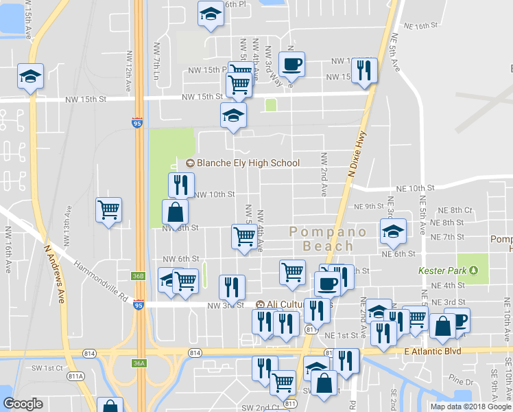 map of restaurants, bars, coffee shops, grocery stores, and more near 851 Northwest 4th Avenue in Pompano Beach