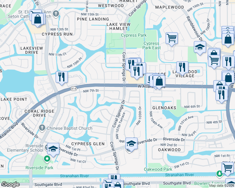 map of restaurants, bars, coffee shops, grocery stores, and more near 663 Northwest 107th Lane in Coral Springs