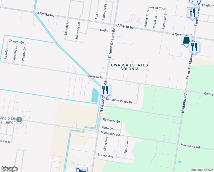 map of restaurants, bars, coffee shops, grocery stores, and more near 2740 Cesar Chavez Road in Alamo