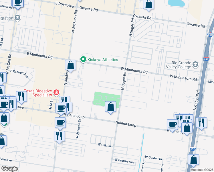 map of restaurants, bars, coffee shops, grocery stores, and more near 1402 West Kiwi Avenue in Pharr