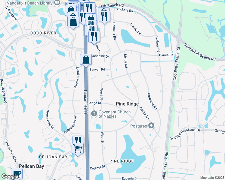 map of restaurants, bars, coffee shops, grocery stores, and more near 615 Carica Road in Naples
