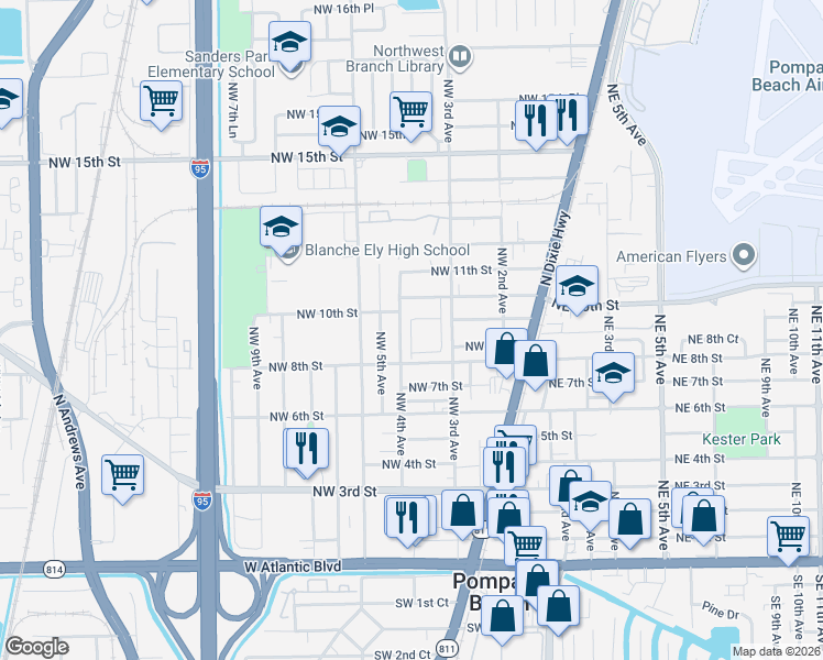 map of restaurants, bars, coffee shops, grocery stores, and more near 851 Northwest 4th Avenue in Pompano Beach