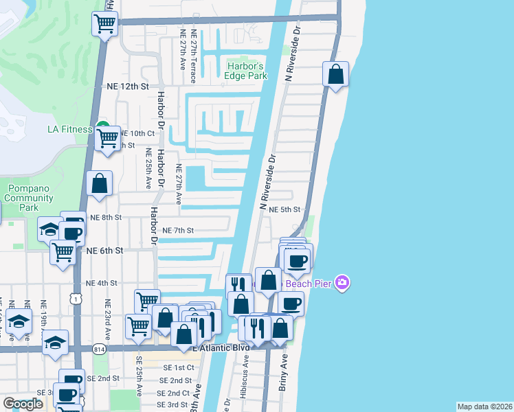 map of restaurants, bars, coffee shops, grocery stores, and more near 7 Northeast 5th Street in Pompano Beach