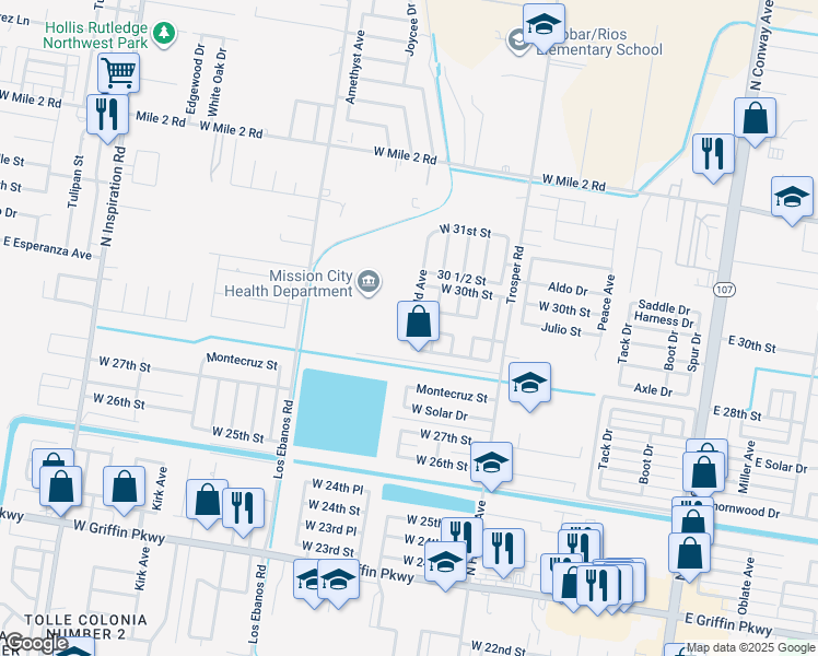 map of restaurants, bars, coffee shops, grocery stores, and more near 2805 Gold Avenue in Mission