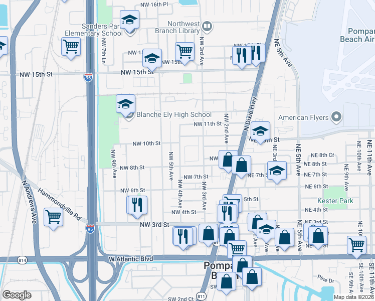 map of restaurants, bars, coffee shops, grocery stores, and more near 851 Northwest 4th Avenue in Pompano Beach