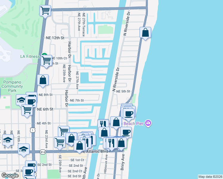 map of restaurants, bars, coffee shops, grocery stores, and more near 505 North Riverside Drive in Pompano Beach
