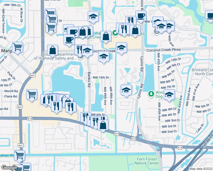 map of restaurants, bars, coffee shops, grocery stores, and more near 841 Northwest 48th Avenue in Coconut Creek