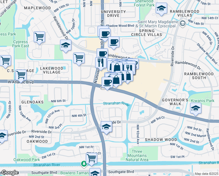 map of restaurants, bars, coffee shops, grocery stores, and more near 9155 West Atlantic Boulevard in Coral Springs