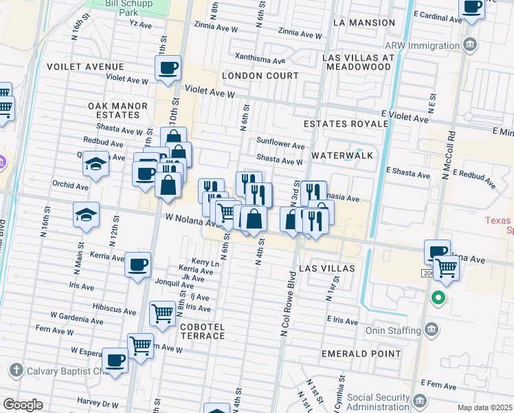 map of restaurants, bars, coffee shops, grocery stores, and more near 400 West Nolana Avenue in McAllen