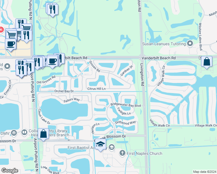 map of restaurants, bars, coffee shops, grocery stores, and more near 7574 Citrus Hill Lane in Naples