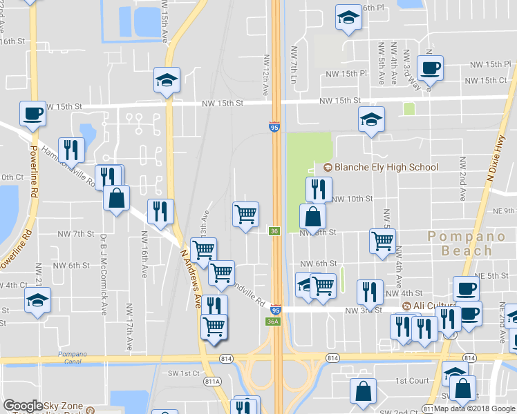 map of restaurants, bars, coffee shops, grocery stores, and more near 878 Northwest 12th Avenue in Pompano Beach