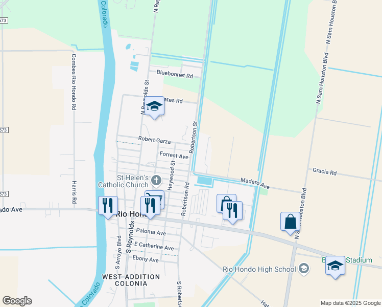 map of restaurants, bars, coffee shops, grocery stores, and more near 1001 North Robertson Road in Rio Hondo