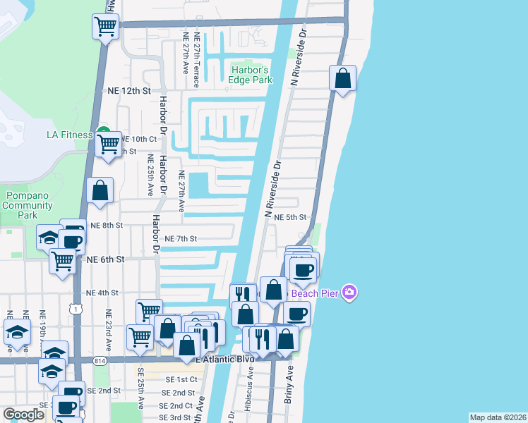 map of restaurants, bars, coffee shops, grocery stores, and more near 7 Northeast 5th Street in Pompano Beach