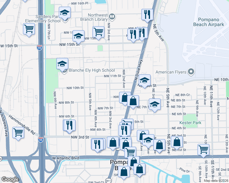 map of restaurants, bars, coffee shops, grocery stores, and more near 245 Northwest 8th Court in Pompano Beach