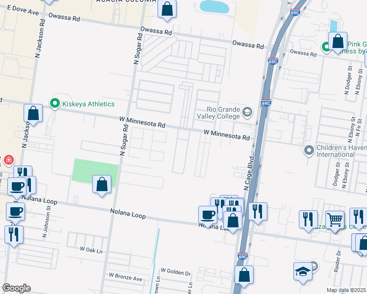 map of restaurants, bars, coffee shops, grocery stores, and more near 701 West Minnesota Road in Pharr