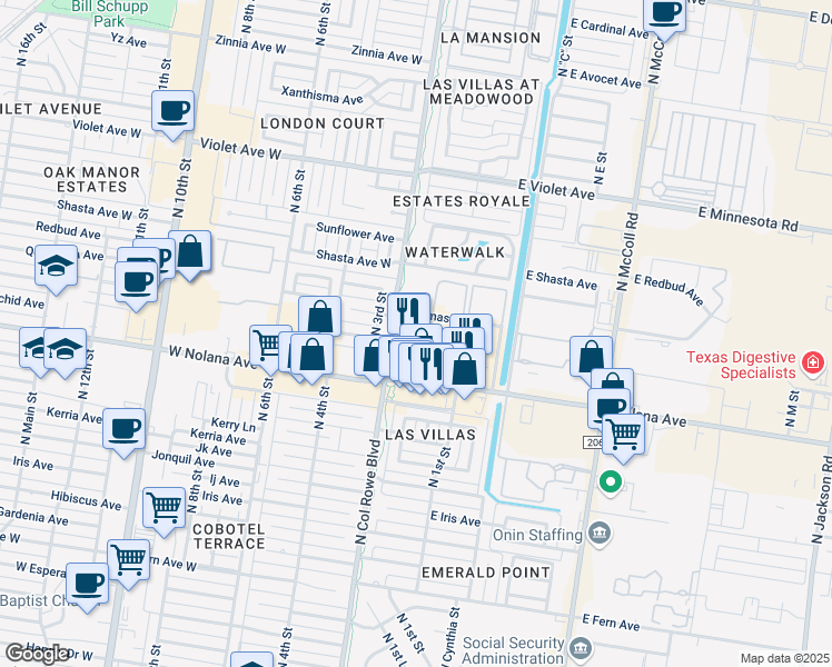 map of restaurants, bars, coffee shops, grocery stores, and more near 4100 North 2nd Street in McAllen
