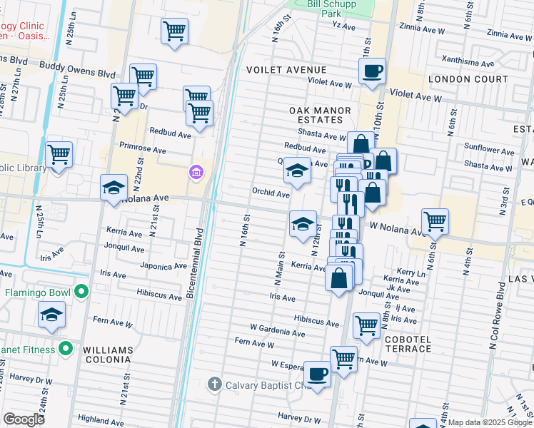 map of restaurants, bars, coffee shops, grocery stores, and more near 1406 Marigold Avenue in McAllen
