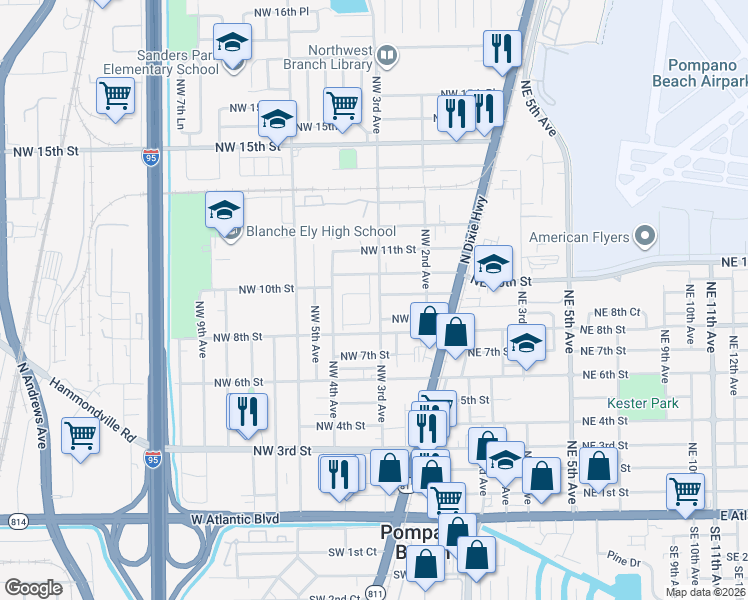 map of restaurants, bars, coffee shops, grocery stores, and more near 884 Northwest 3rd Terrace in Pompano Beach
