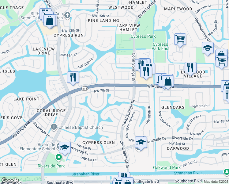 map of restaurants, bars, coffee shops, grocery stores, and more near 10885 Northwest 6th Street in Coral Springs
