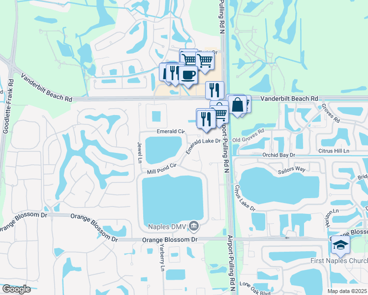 map of restaurants, bars, coffee shops, grocery stores, and more near 2253 Mill Stream Court in Naples