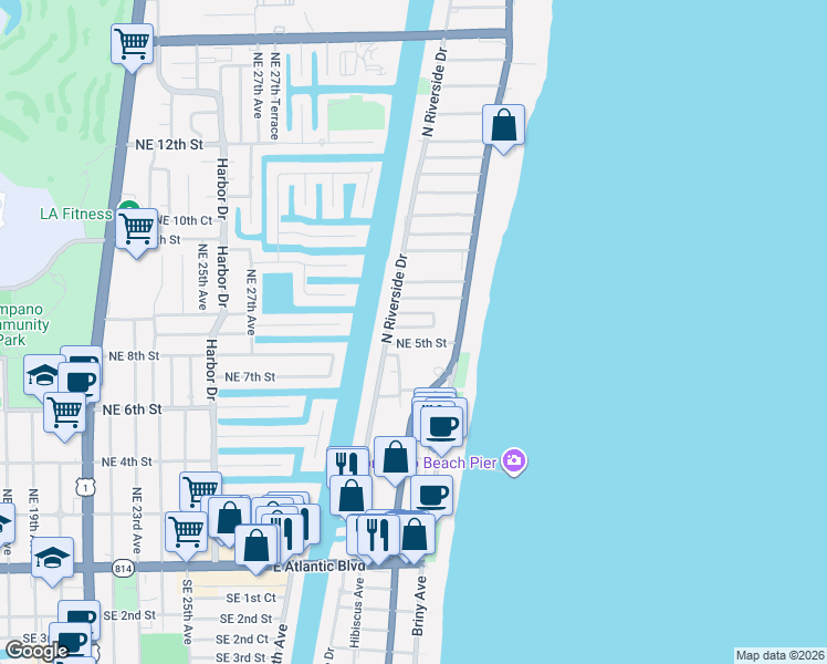 map of restaurants, bars, coffee shops, grocery stores, and more near 3232 Northeast 5th Street in Pompano Beach