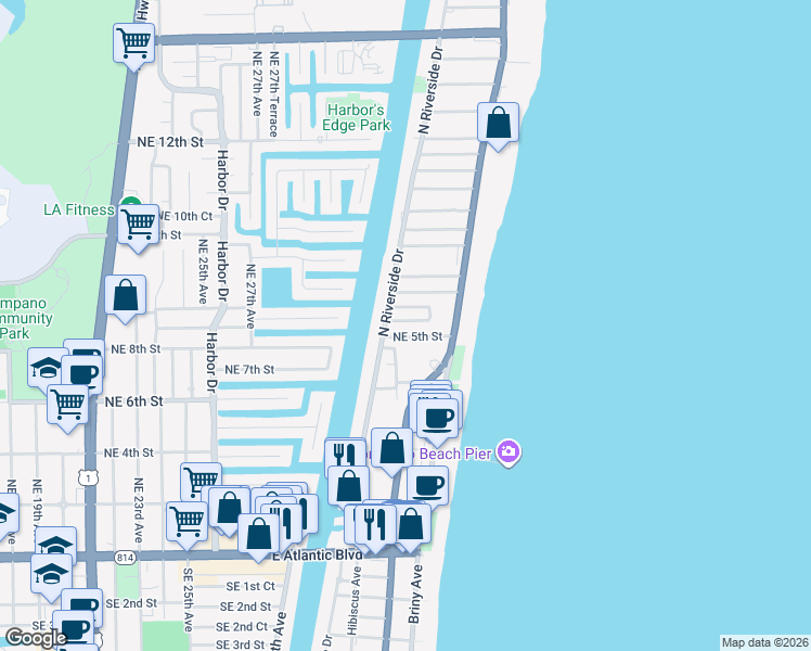 map of restaurants, bars, coffee shops, grocery stores, and more near 7 Northeast 5th Street in Pompano Beach