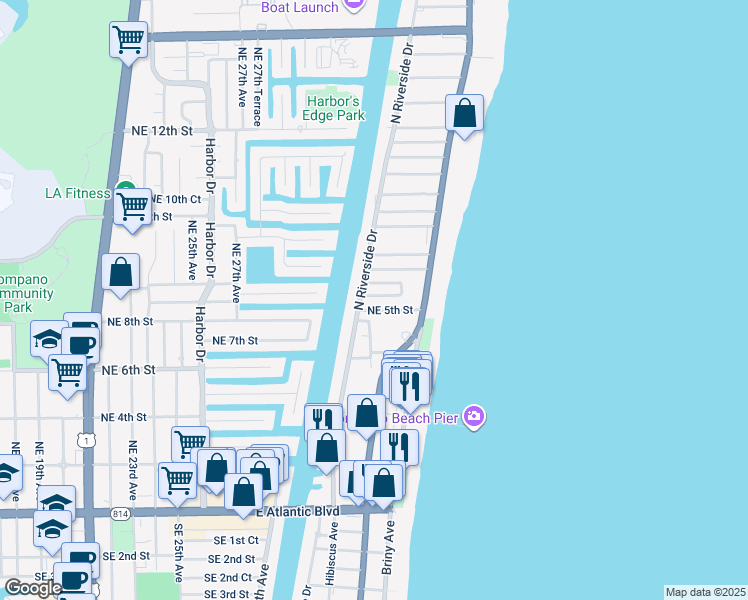 map of restaurants, bars, coffee shops, grocery stores, and more near 7 Northeast 5th Street in Pompano Beach