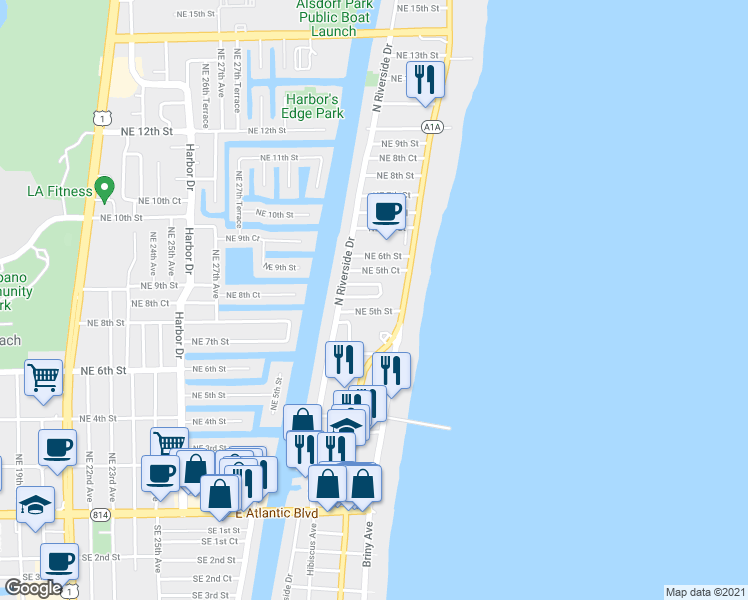 map of restaurants, bars, coffee shops, grocery stores, and more near 3232 Northeast 5th Street in Pompano Beach